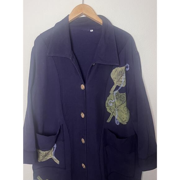 Vintage Long Cotton Duster Coat Cardigan Women’s Medium Large Blue Relaxed - Picture 2 of 11